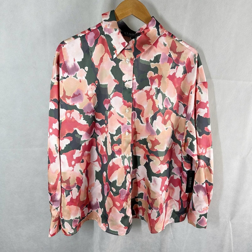 Eloquii Pink Multi Floral Watercolor Button-Down Blouse